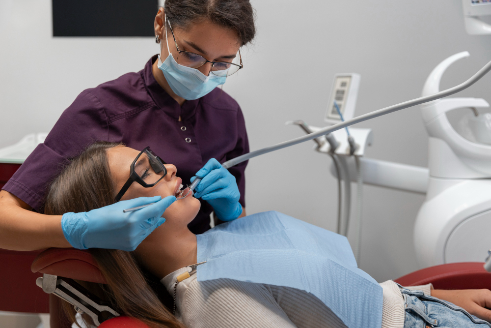 Close up on dentist using instruments Close up on dentist using instruments<br />